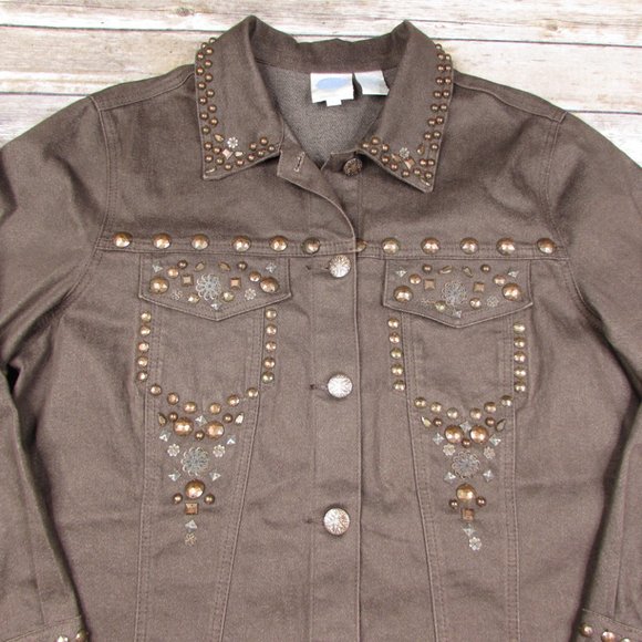 DG2 Embellished Brown Denim Jean Jacket L - Picture 3 of 9